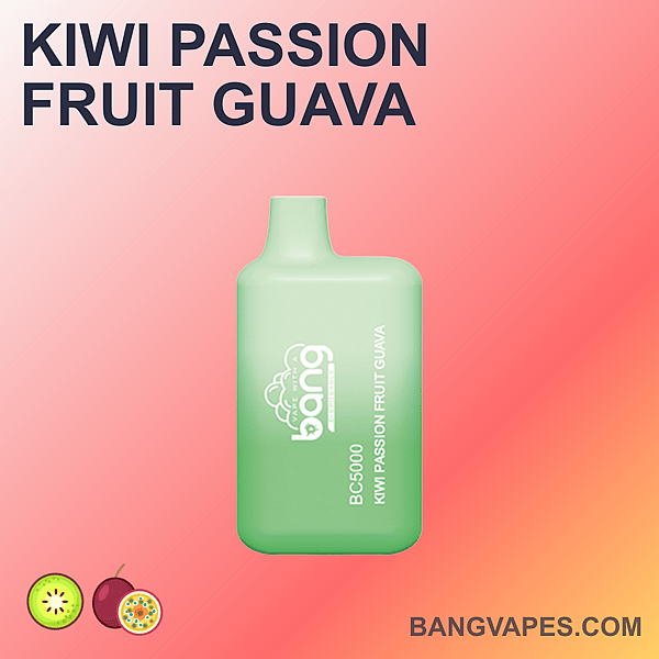 Een groene wegwerp-vape met het label "Bang BC5000 Kiwi Passion Fruit Guava" op een roze achtergrond met kleine kiwi- en passievrucht-iconen.