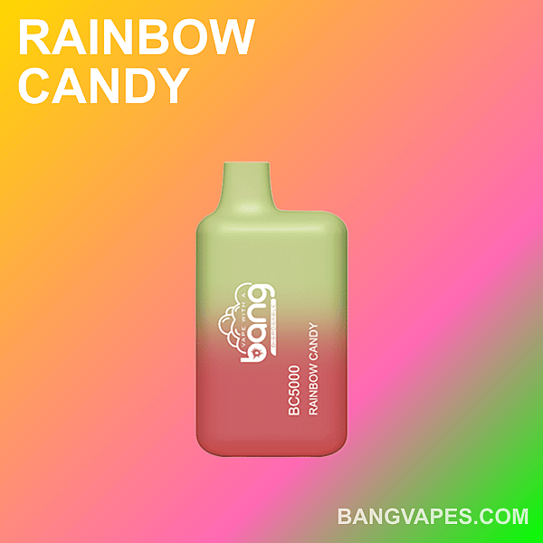 Een vape-apparaat met het label "Bang BC5000 Rainbow Candy" met een verloop van groen naar rood op een regenboogkleurige achtergrond.