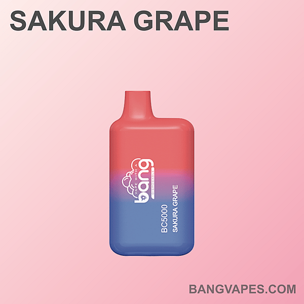 Een rood en blauw wegwerp-vape-apparaat met het label "Sakura Grape" en het merk "Bang".