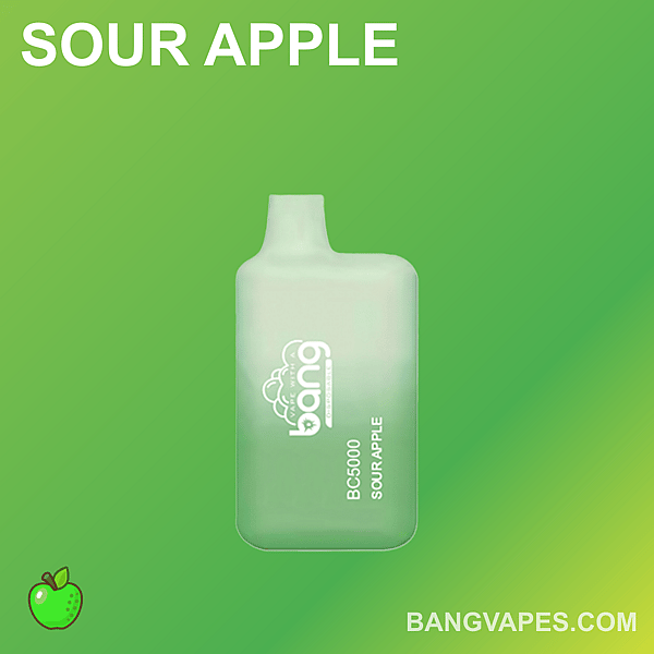 緑色のグラデーションの背景に「Bang BC5000 Sour Apple」というラベルが付いた緑色の使い捨てベイプ。上部に「SOUR APPLE」、下部に「BANGVAPES.COM」という文字があります。