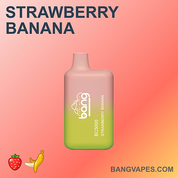 Een e-sigaret met aardbeien-banaansmaak, een roze en groen gradiëntontwerp, met het label "Bang BC5000" en een roze achtergrond.