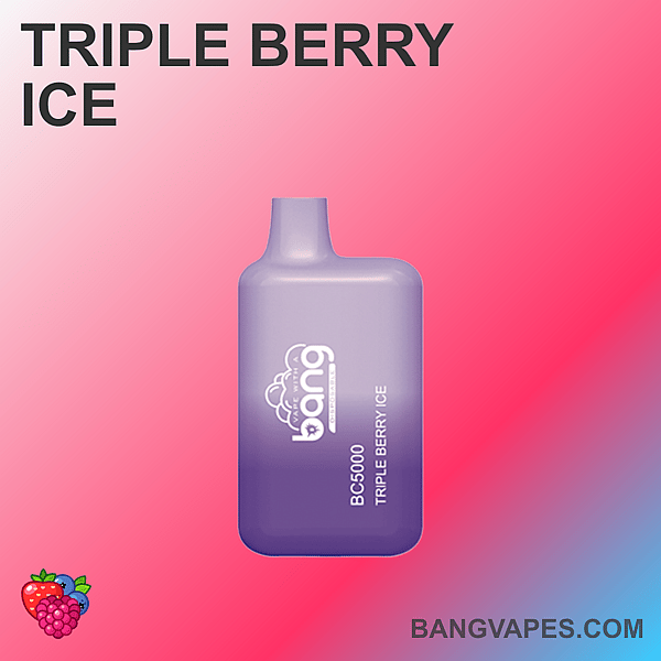 Paarse wegwerp-vape met het label "Bang BC5000 Triple Berry Ice" op een roze achtergrond.
