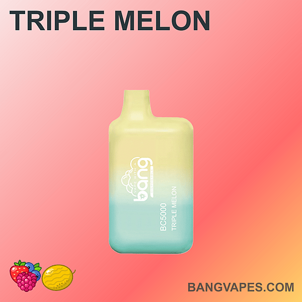 Een vape-apparaat met het label "Triple Melon", met een ontwerp dat van geel naar blauw verloopt, met het merk "bang" en het model "BC5000" op de voorkant.