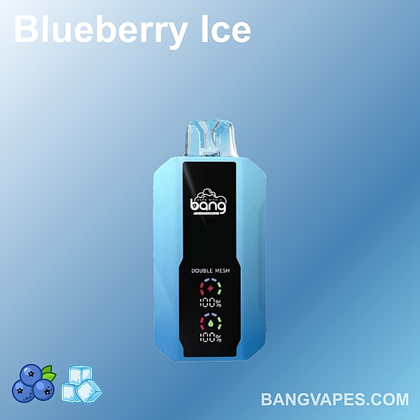 Vape jetable Bang Blueberry Ice avec technologie double mesh sur fond bleu clair. Les icônes de myrtilles et de glaçons sont en bas à gauche.
