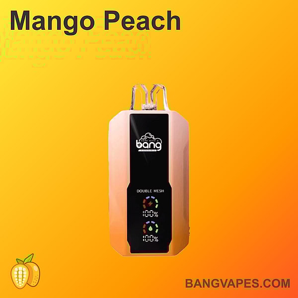 Appareil de vapotage aromatisé à la mangue et à la pêche avec la marque « Bang », la technologie à double maille et les indicateurs de batterie, affichés sur un fond dégradé orange.