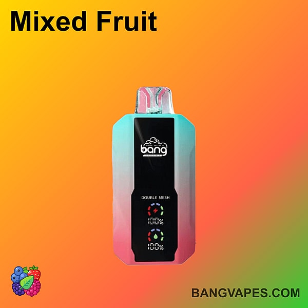 Bang vape device with "Mixed Fruit" flavor, displaying a dual mesh system and battery indicators, against a gradient orange background.