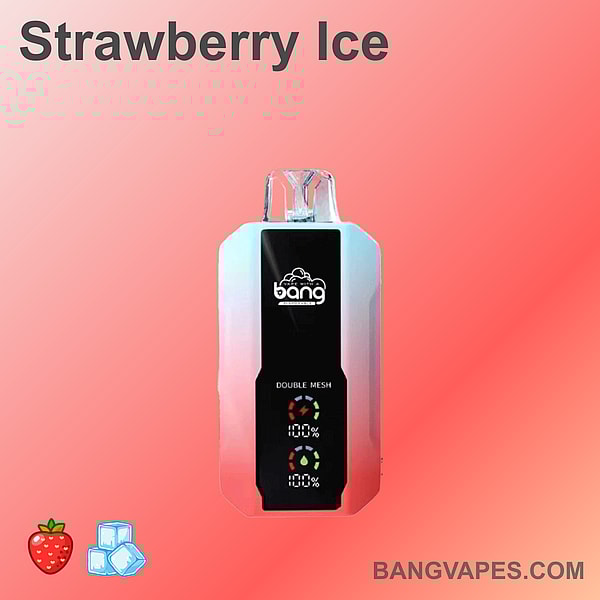 A Bang vape device with "Strawberry Ice" flavor and a digital display showing battery and liquid levels, set against a pink gradient background with strawberry and ice cube icons.