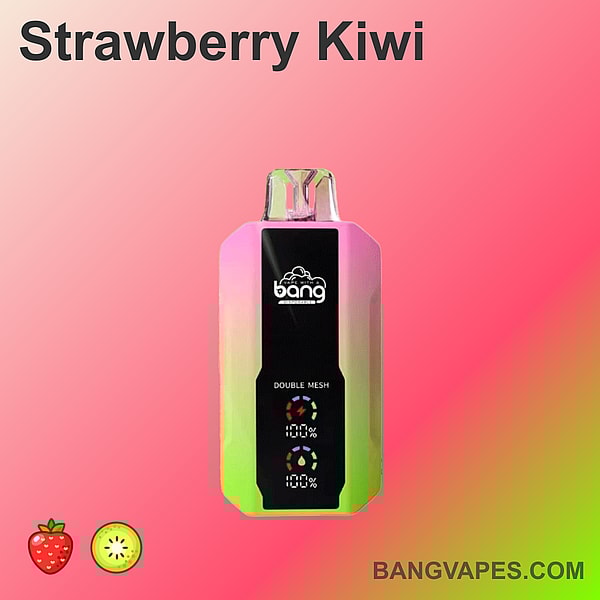 "Bang Double Mesh vape device in Strawberry Kiwi flavor with a gradient pink and green design."