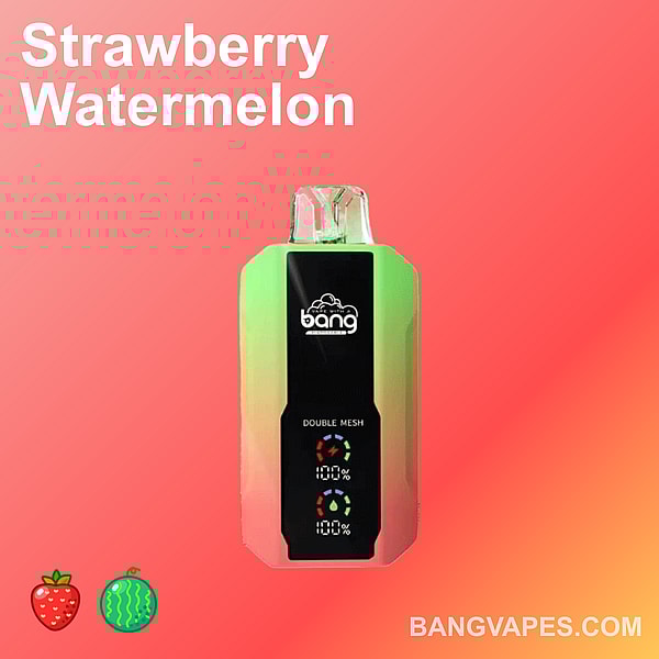 Appareil à vapotage Bang au goût de fraise et de pastèque avec double maille et indicateurs de batterie.