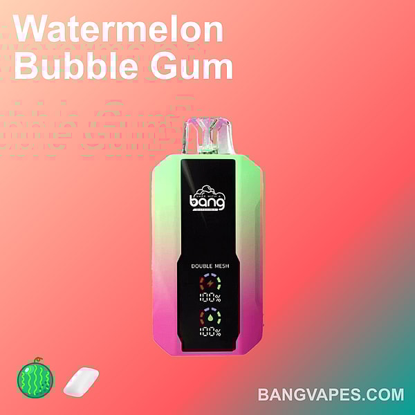 "Vape Bang au goût de Bubble Gum à la pastèque avec un design dégradé coloré et un double écran en maille indiquant les niveaux de batterie."