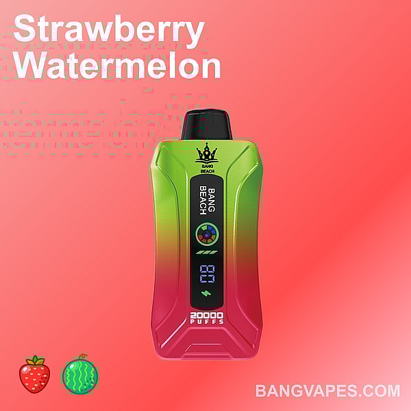 Un dispositivo per svapare colorato con un'etichetta al gusto di "Fragola e anguria", caratterizzato da un vivace design sfumato dal verde al rosso e un display digitale che mostra "20000 tiri". Nella parte superiore è visualizzato il testo "BANG BEACH", mentre nella parte inferiore sono presenti le icone di una fragola e di un'anguria.