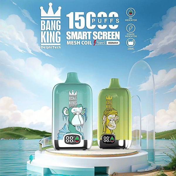 Two colorful Bang King disposable vape devices with cartoon ape illustrations and small digital screens displayed on a round pedestal against a lakeside sky backdrop, with large text advertising 15000 puffs and product features above them.