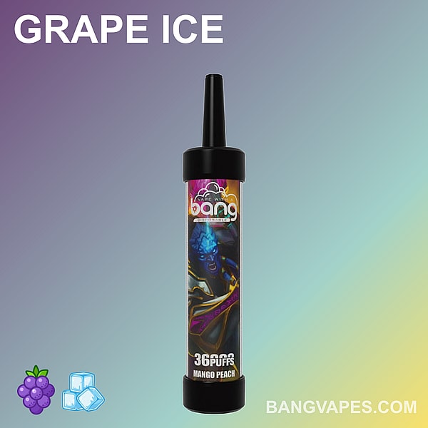 Bang vape は「グレープ アイス」フレーバーを 36,000 回吸引できるラベルを貼っており、パッケージにはキャラクターが描かれ、下部にはウェブサイト bangvapes.com が表示されています。