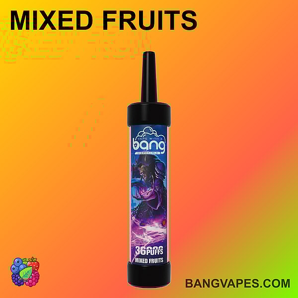 「Bang」というラベルが付いた「Mixed Fruits」フレーバーの電子タバコデバイス。カラフルなデザインと「3600 パフ」という文字が特徴です。