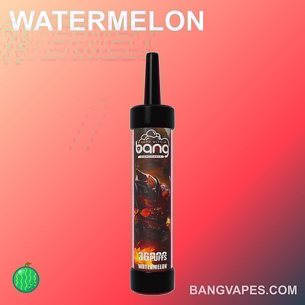 Bang disposable vape pen in a watermelon flavor displayed on a red gradient background with "WATERMELON" in large white text at the top and "BANGVAPES.COM" at the bottom.