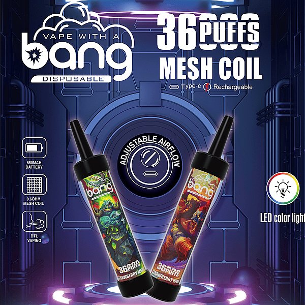 "Vape desechable Bang con 36.000 bocanadas, flujo de aire ajustable, puerto recargable tipo C, batería de 650 mAh, bobina de malla y luz LED de color".