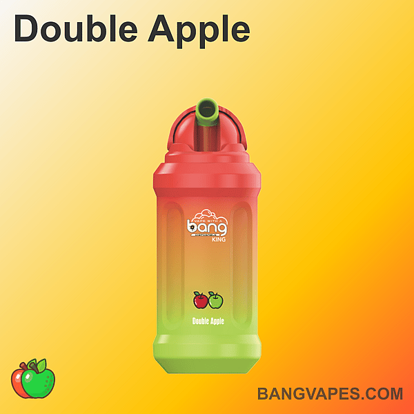 ダブルアップルフレーバーの「Bang King」ブランドの Vape デバイスが、黄色の背景の前に描かれています。