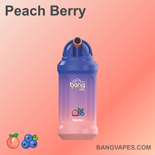 「Peach Berry」のラベルが付いた、桃とブルーベリーのアイコンが付いた、紫とピンクのグラデーションデザインが特徴のベイプデバイス。