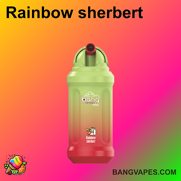 Bang King Vape-Gerät mit „Rainbow Sherbert“-Geschmack in einem Behälter mit Farbverlauf in Grün und Rot auf einem bunten Hintergrund mit Farbverlauf.