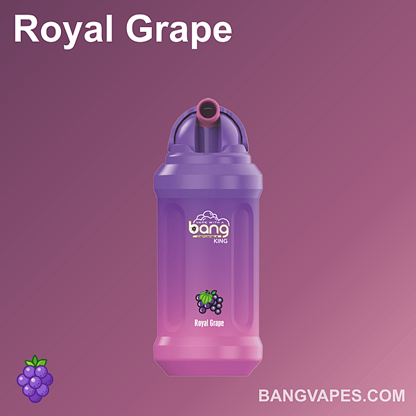 紫色のグラデーション背景に、ブドウのアイコンが付いた「Bang King Royal Grape」というラベルの付いた紫色の vape デバイスが表示されています。