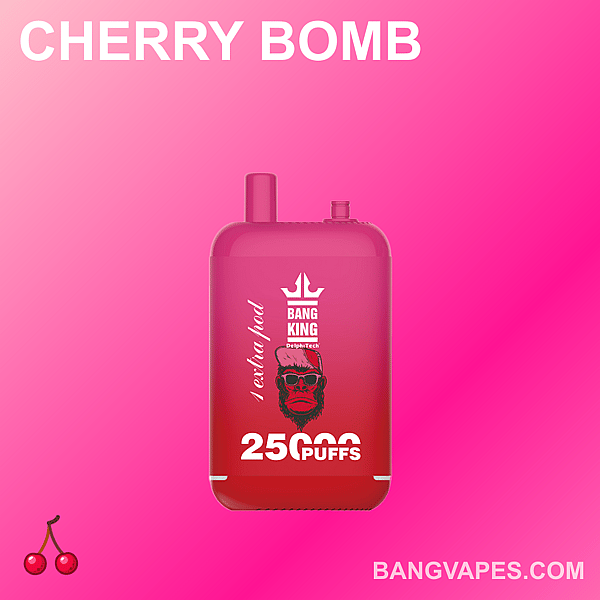 Cherry Bomb vape device from Bang King, featuring 25,000 puffs and an extra pod, in a red casing with a skull logo and text on a pink gradient background.