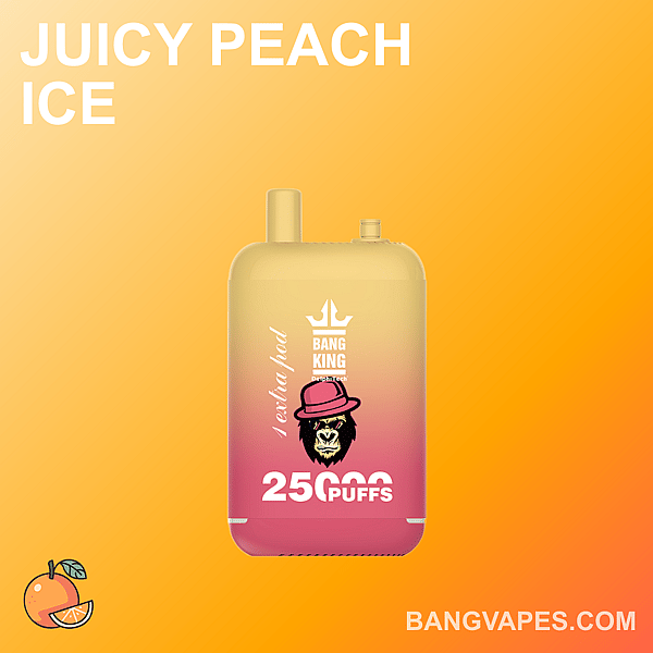 A vape device labeled "Bang King" with "Juicy Peach Ice" flavor and "25,000 puffs" in large text, featuring a logo of a crowned gorilla wearing a hat. The background is a gradient of peach and orange.
