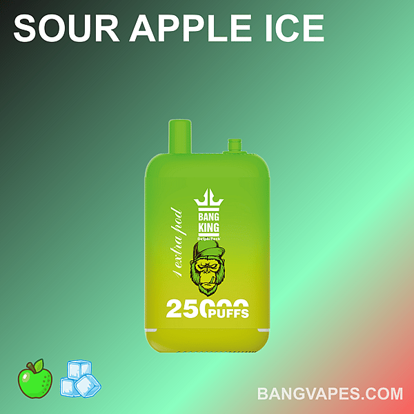 A green vape device labeled "Sour Apple Ice," featuring a gorilla face logo, "Bang King" branding, and "25,000 puffs" text.