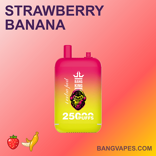Strawberry Banana flavored disposable vape device with 25,000 puffs and vibrant pink and yellow gradient design featuring a gorilla logo and "Bang King" branding.