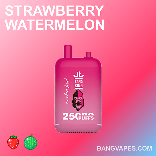 Pink vape device labeled "Bang King" with strawberry watermelon flavor and 25,000 puffs capacity, shown against a pink gradient background.