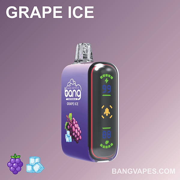 A purple disposable vape labeled "Bang Grape Ice" with a digital display showing battery and puff indicators, alongside images of grapes and ice cubes.