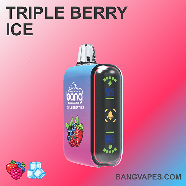 ピンクのグラデーションの背景に、ベリーのグラフィックとデジタルディスプレイが付いた「Bang Triple Berry Ice」というラベルが付いたカラフルな vape デバイス。