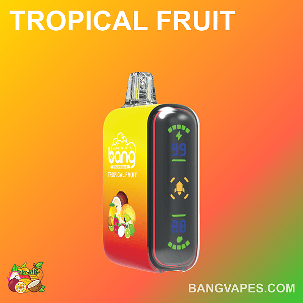 トロピカルフルーツ風味の vape デバイス。数字とアイコンを表示するデジタル ディスプレイを備え、黄色とオレンジ色のグラデーションの背景に「Bang」のブランドが入っています。