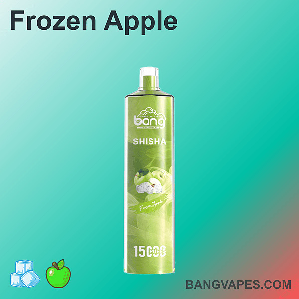 Bang Shisha Frozen Apple 使い捨てベイプ、1500 パフ、リンゴと氷が描かれた緑のパッケージ。