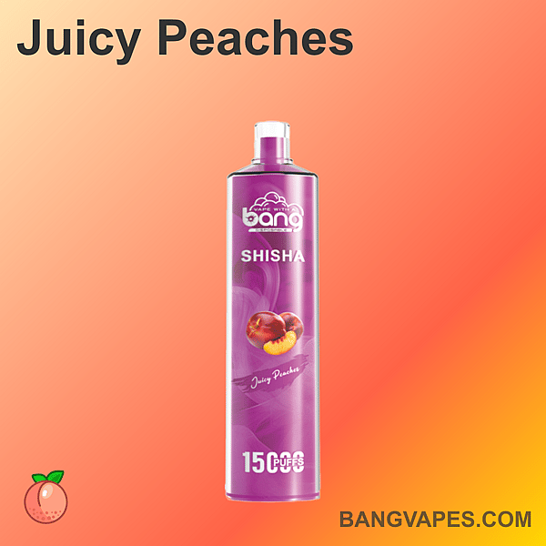 Purple vape pen labeled "Bang Shisha Juicy Peaches" with an image of peaches, offering 15,000 puffs, set against a gradient orange background.