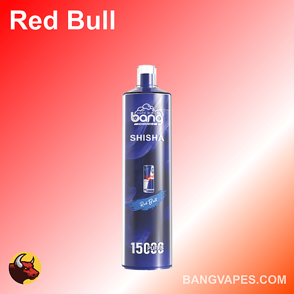Bang Shisha vape with Red Bull flavor, featuring 15,000 puffs and a blue cylindrical design with Red Bull branding against a red gradient background.