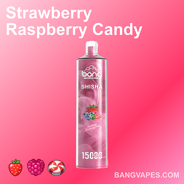 Strawberry Raspberry Candy flavored Bang Shisha vape with 15000 puffs, displayed on a pink gradient background with strawberry, raspberry, and candy icons.