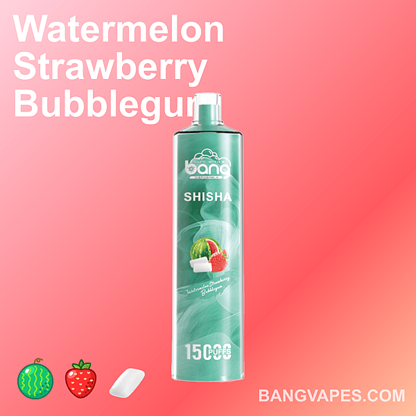 Bang Shisha vape with watermelon, strawberry, and bubblegum flavor, 15,000 puffs, green packaging, on a pink background.