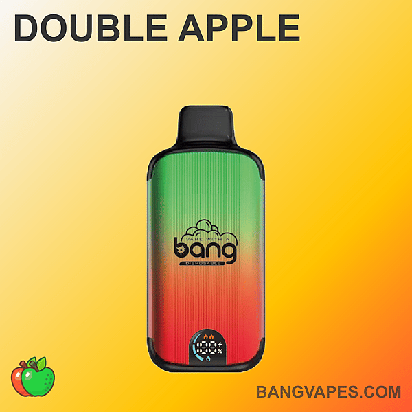 赤と緑のグラデーションデザインで「Bang」とラベルが付いており、「Double Apple」というフレーバーが付いている使い捨てベイプデバイス。