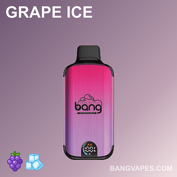 ピンクと紫のグラデーションが美しいベイプデバイス。前面にはブランド名「Bang」が、フレーバーは「GRAPE ICE」と記載されています。底面にはブドウと氷のアイコンが描かれています。