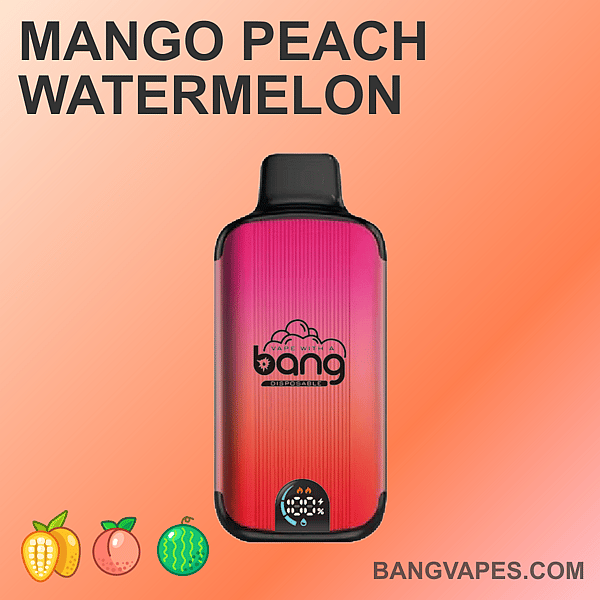 マンゴー、ピーチ、スイカ風味の Bang 使い捨てベイプ。ピンクとオレンジのグラデーションデザイン、バッテリーインジケーター、前面のブランドロゴが特徴です。