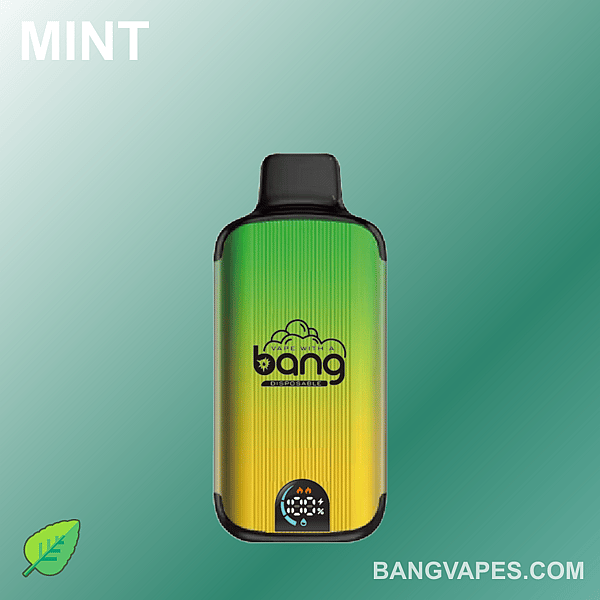 ミント風味の Bang 使い捨て vape デバイス。緑から黄色へのグラデーション デザインと、前面の 100% バッテリー インジケーターが特徴です。