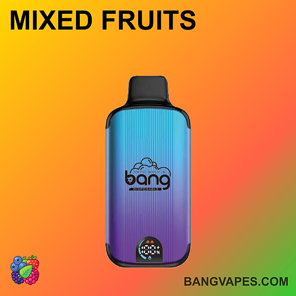 オレンジ色の背景に、青から紫へのグラデーションデザインで「bang」というラベルが付いたカラフルな vape デバイス。上部に「MIXED FRUITS」、下部に「BANGVAPES.COM」という文字があります。