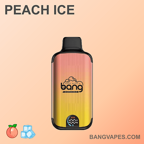 グラデーション デザインと Bang Vapes ブランドを備えた Peach Ice 使い捨て vape デバイス。