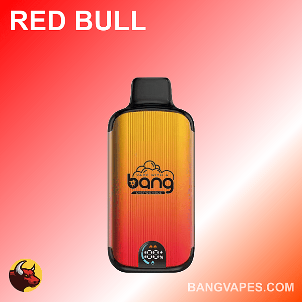 「Bang」ブランドの赤と黄色のグラデーションの使い捨て vape デバイス。左上には「Red Bull」のフレーバー、右下に Web サイトの URL「bangvapes.com」が表示されています。