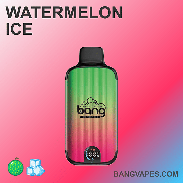 緑、赤、ピンクのグラデーションデザインで、スイカと氷のアイコンが描かれた「WATERMELON ICE」のラベルが付いた、Bang 使い捨てベイプデバイス。