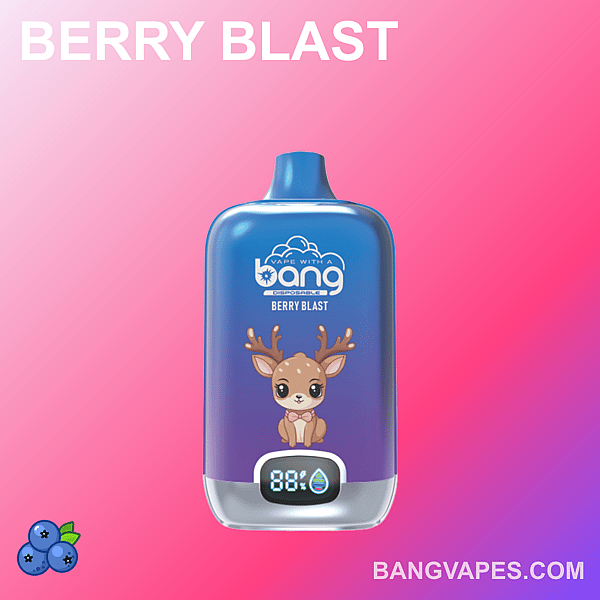 「Berry Blast」と書かれた青と紫のベイプデバイス。下部には88%と水滴のシンボルが表示されたデジタルディスプレイが付いています。パッケージには可愛い鹿の漫画イラストが描かれ、下部の隅にはウェブサイトのURL「BANGVAPES.COM」が表示されています。