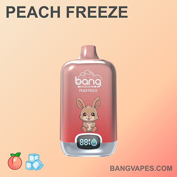 「Bang Peach Freeze」というラベルが付いたピンク色の使い捨てベイプ。漫画のウサギの絵が描かれており、下部には「88%」と表示されるデジタルディスプレイがあります。