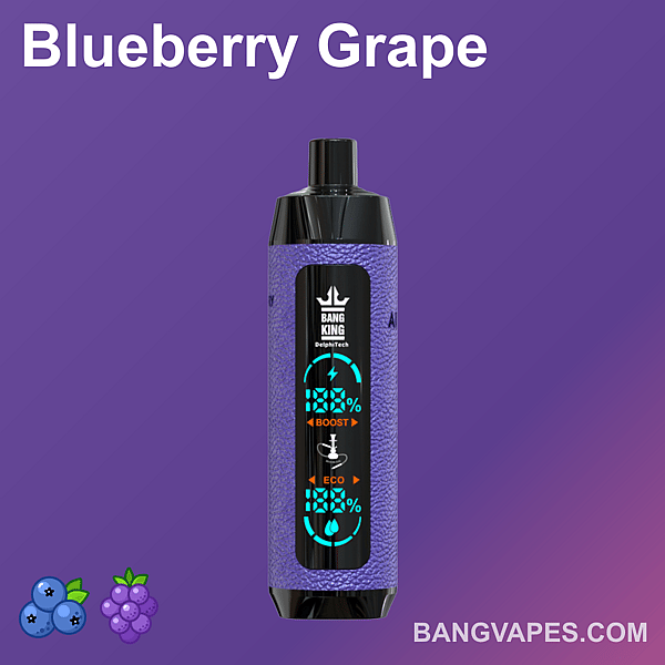 Vape-Gerät mit Blaubeer-Trauben-Geschmack auf violettem Hintergrund, mit „BANG KING“-Branding und Symbolen von Blaubeeren und Trauben.