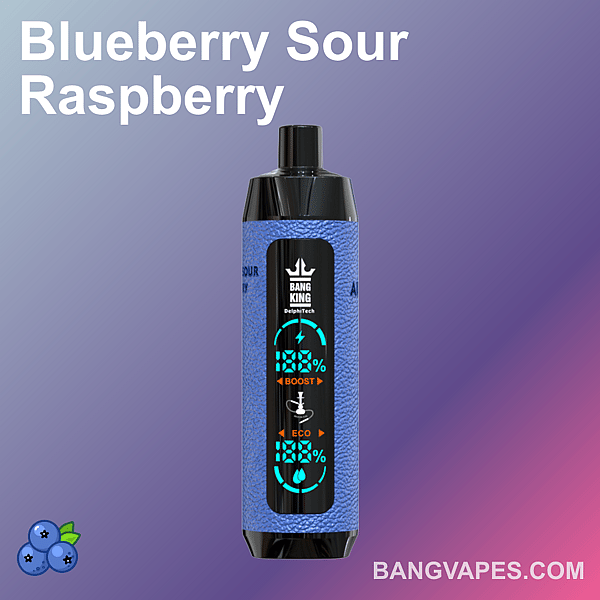 Verdampfer mit Blueberry-Sour-Himbeer-Geschmack und schwarz-blauem Design, zeigt den Batteriestand und den Boost-/Eco-Modus an und trägt die Marken „BANG KING“ und „DelphiTech“ auf dem Bildschirm.