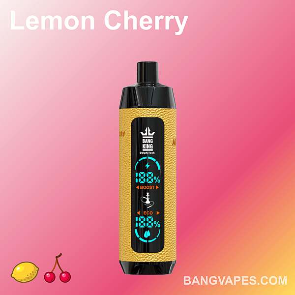 Ein Vape-Gerät mit der Aufschrift „Bang King“ und einer digitalen Anzeige vor einem rosa Hintergrund mit dem Text „Lemon Cherry“.